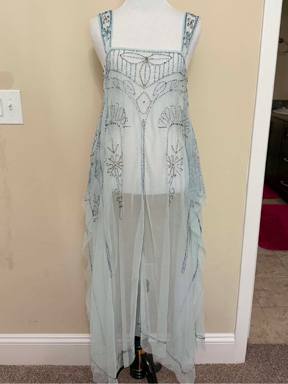 Free People Light Blue Sheer Mesh Beaded Womens Dress